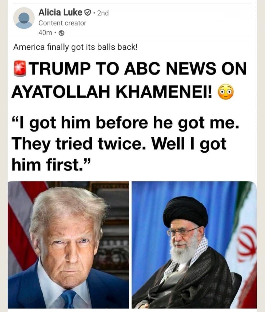 America finally got its balls back! 🔥 TRUMP TO ABC NEWS ON AYATOLLAH KHAMENEI! 😳
“I got him before he got me. They tried twice. Well I got him first.”