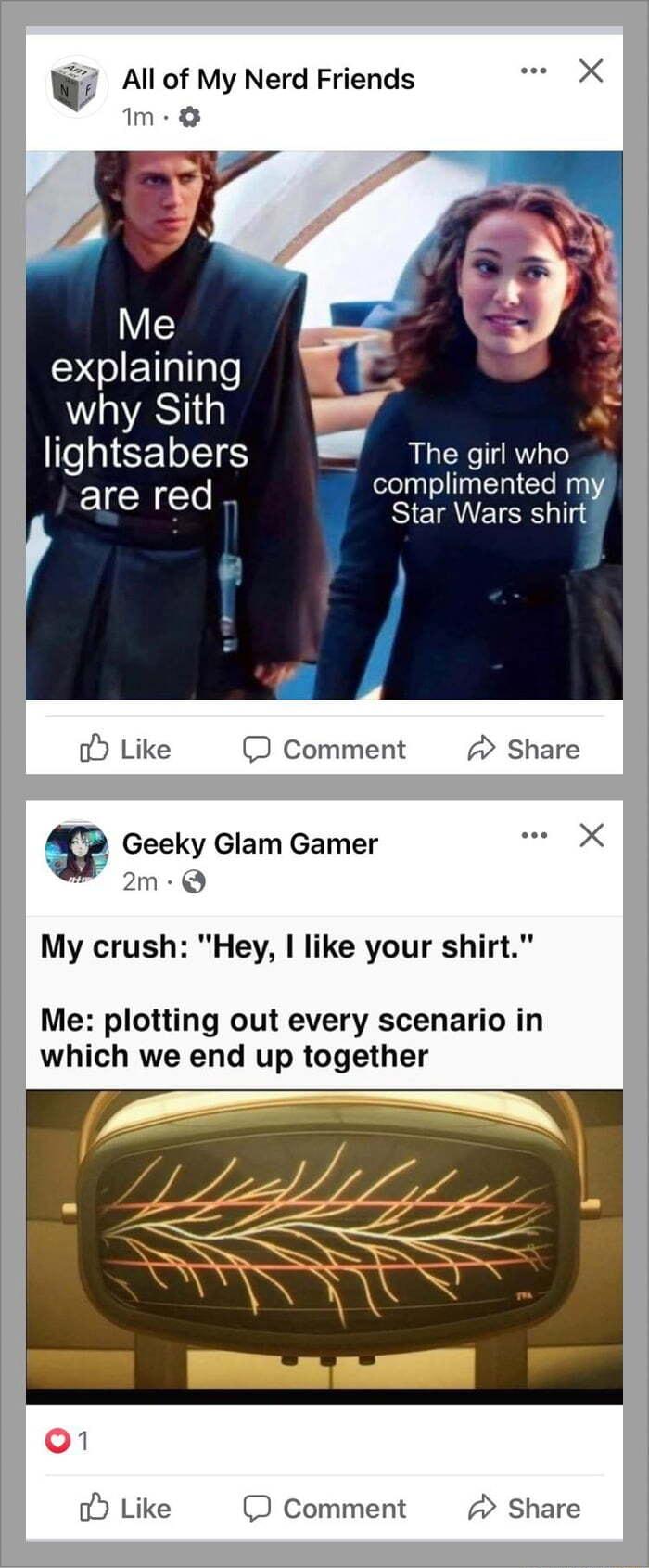 All of My Nerd Friends m Me explaining why Sith lightsabers The girl who complimented my are red Star Wars shirt o Like Comment A Share Geeky Glam Gamer X 2m Q My crush Hey like your shirt Me plotting out every scenario in which we end up together oY Like Comment Share