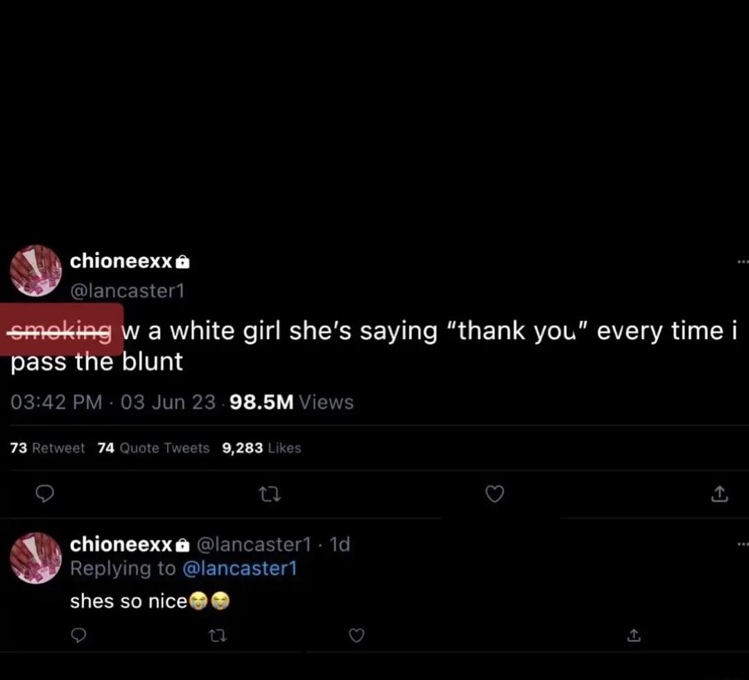 chioneexxa lancaster M a white girl shes saying thank you every time i lunt 0342 PM 03 Jun 23 986M Views 78t T8 s 9288 chioneexx ancacier 10 Replying to lancaster shes so nice