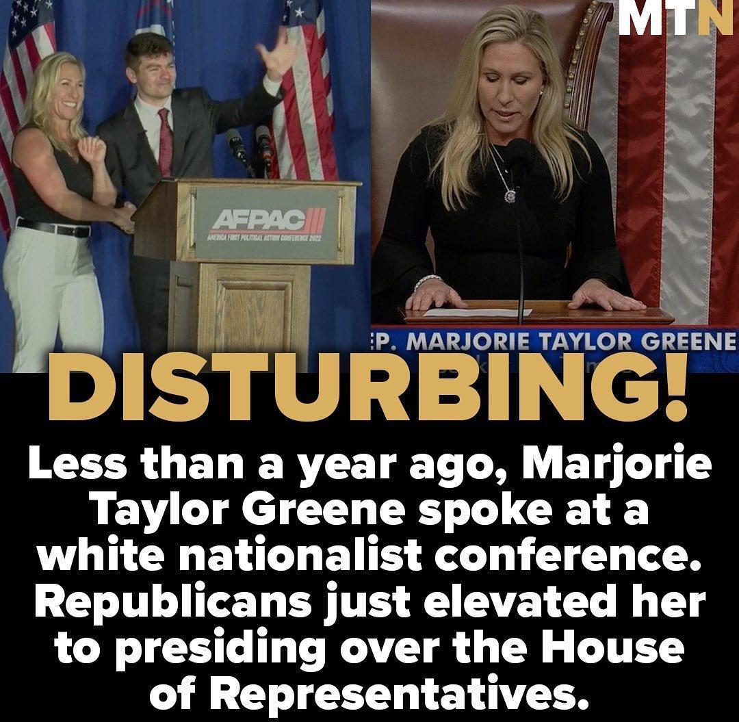 P MARJO ffAVowelgENE B J Less than a year ago Marjorie Taylor Greene spoke at a white nationalist conference Republicans just elevated her to presiding over the House of Representatives
