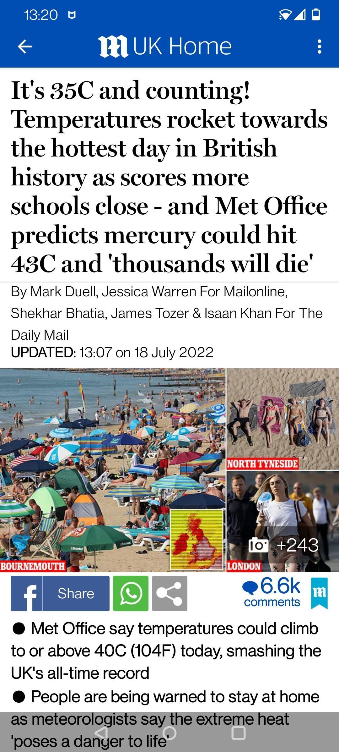 Its 85C and counting Temperatures rocket towards the hottest day in British history as scores more schools close and Met Office predicts mercury could hit 43C and thousands will die By Mark Duell Jessica Warren For Mailonline Shekhar Bhatia James Tozer Isaan Khan For The Daily Mail comments Met Office say temperatures could climb to or above 40C 104F today smashing the UKs all time record People a
