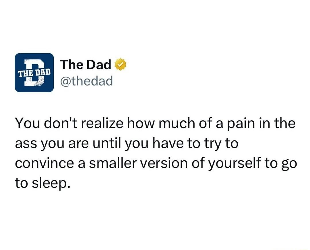 The Dad thedad You dont realize how much of a pain in the ass you are until you have to try to convince a smaller version of yourself to go to sleep