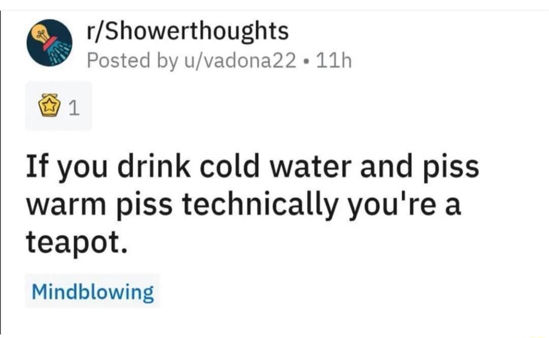 rShowerthoughts Posted by uvadona22 11h 1 If you drink cold water and piss warm piss technically youre a teapot Mindblowing