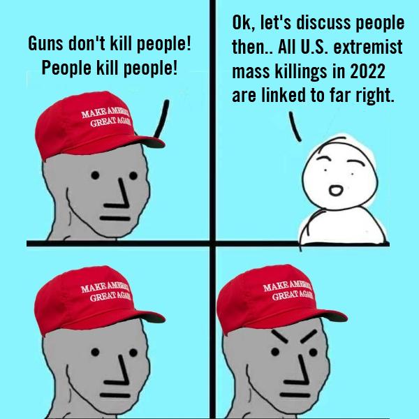 Ok lets discuss people Guns dont kill people then All US extremist People kill people mass killings in 2022 are linked to far right