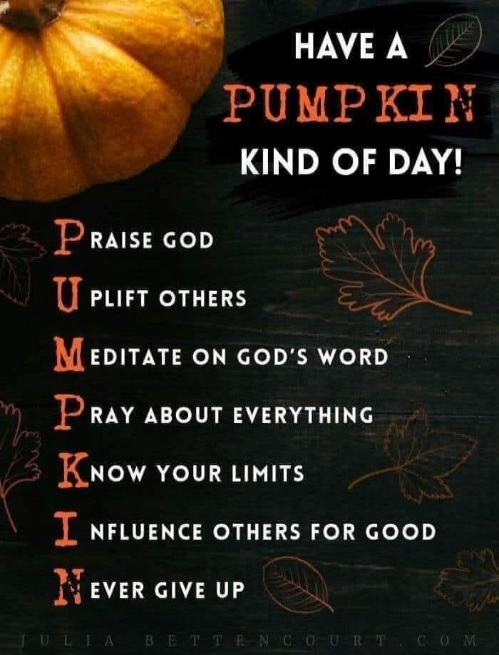 HAVE A PUMPKIN KIND OF DAY!
PRAISE GOD
UPLIFT OTHERS
MEDITATE ON GOD'S WORD
PRAY ABOUT EVERYTHING
KNOW YOUR LIMITS
INFLUENCE OTHERS FOR GOOD
NEVER GIVE UP