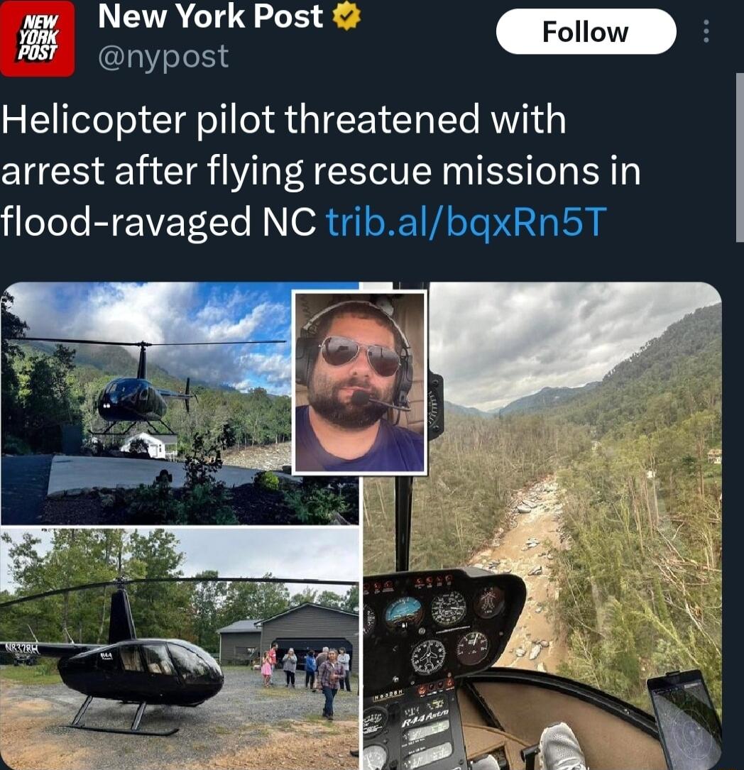 New York Post arypost _Folow nypost Helicopter pilot threatened with arrest after flying rescue missions in flood ravaged NC tribalbgxRn5T