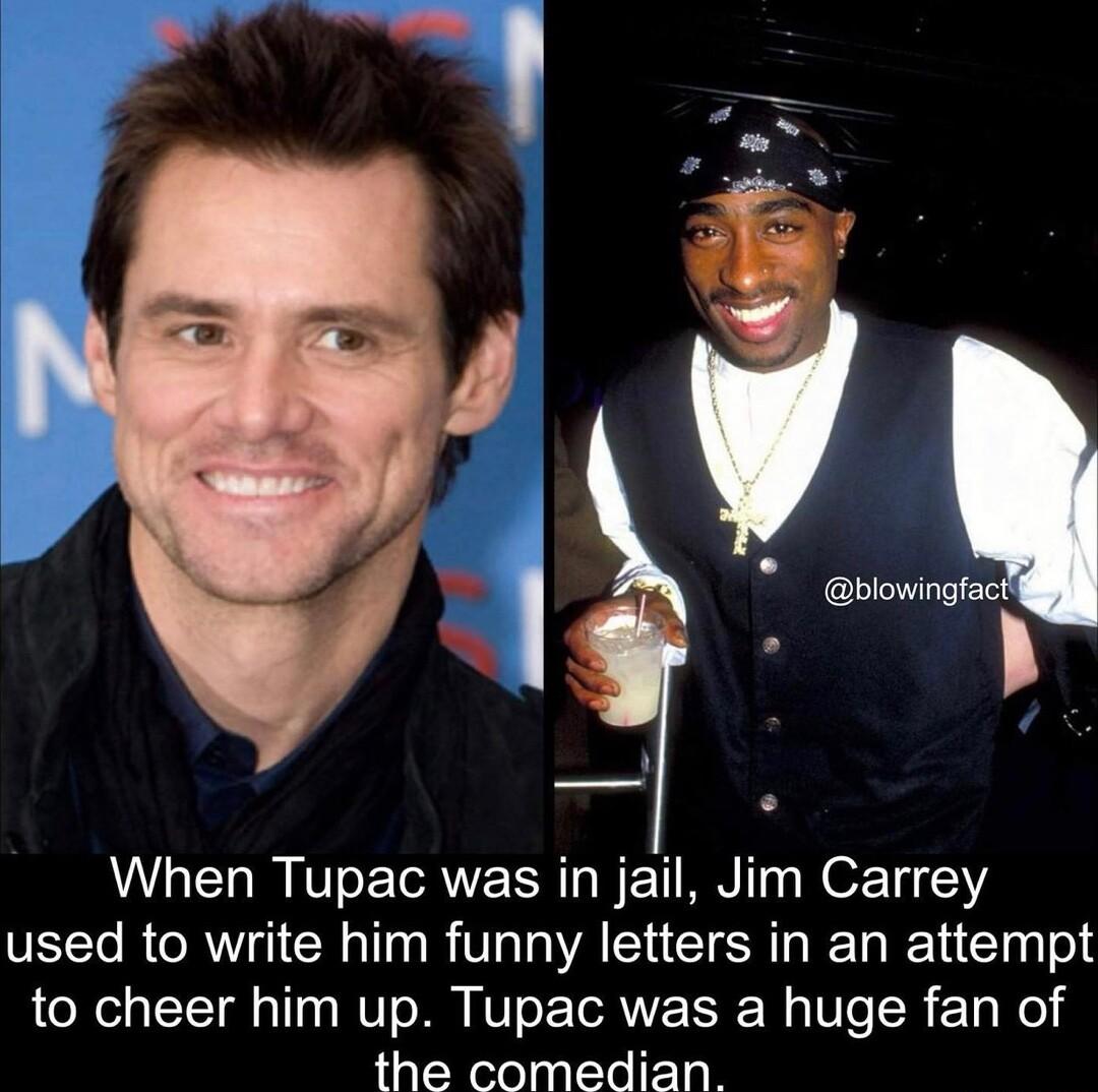 blowingfact When Tupac was in jail Jim Carrey used to write him funny letters in an attempt to cheer him up Tupac was a huge fan of the comedian