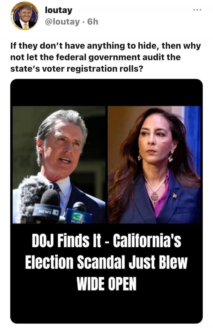 If they don't have anything to hide, then why not let the federal government audit the state's voter registration rolls? DOJ Finds It - California's Election Scandal Just Blew WIDE OPEN