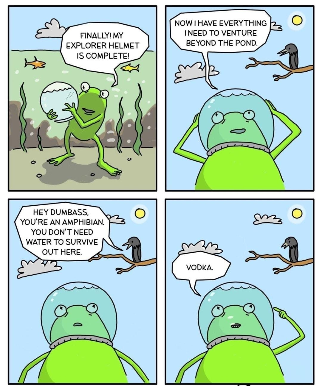 FINALLYI MY EXPLORER HELMET 1S COMPLETE NOW HAVE EVERYTHING ay INEED TO VENTURE BEYOND THE POND HEY DUMBASS YOURE AN AMPHIBIAN 3 YOUDONT NEED WATER TO SURVIVE OUT HERE Bleowecorm