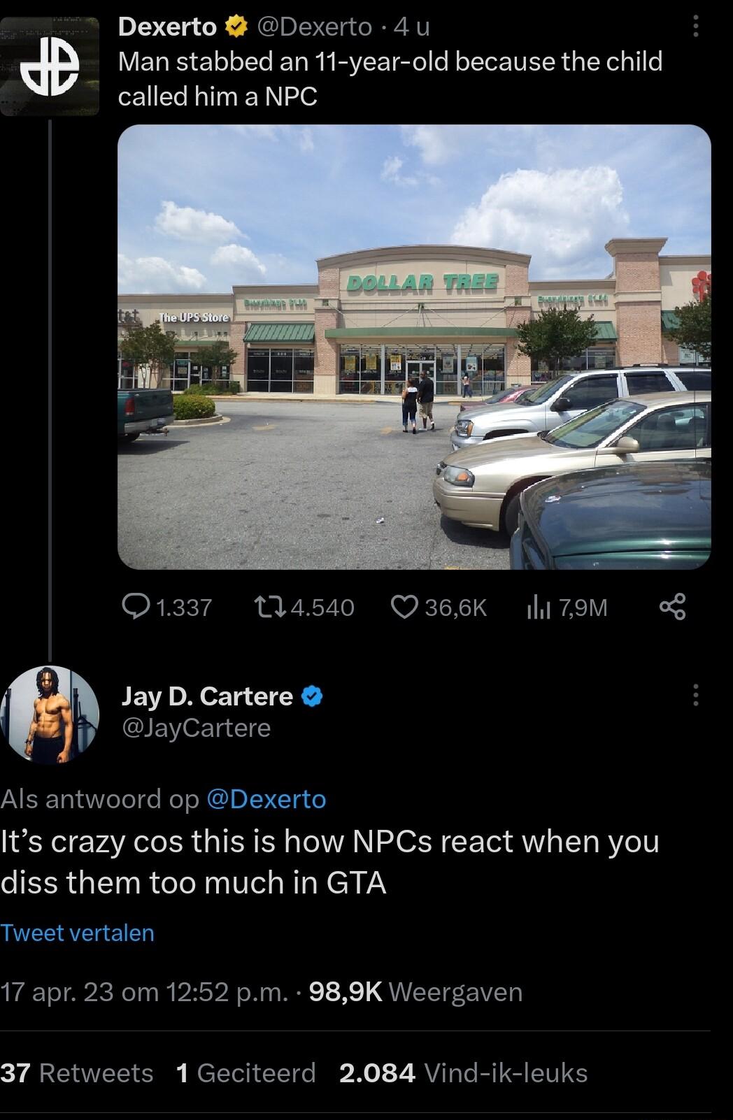 Dexerto Dexerto 4 u dB Man stabbed an 11 year old because the child called him a NPC 1337 14540 Q366K 7oM Jay D Cartere ayCartere Als antwoord op Dexerto Its crazy cos this is how NPCs react when you diss them too much in GTA Tweet vertalen 17 apr 23 om 1252 pm 989K Weergaven ENTEE O NI CETC I X0 2 RV L RIS