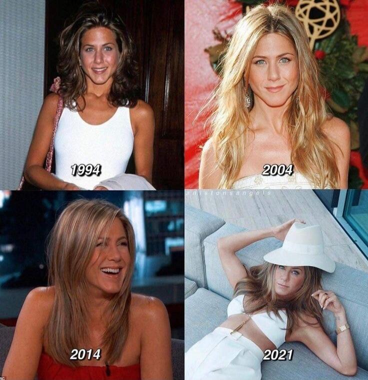 Jennifer Aniston in 1994, 2004, 2014, and 2021.