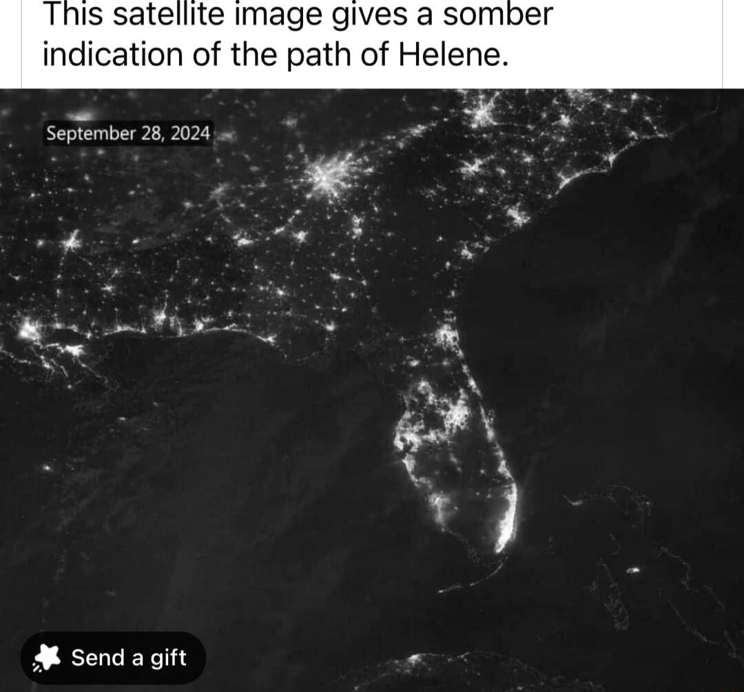 This satellite image gives a som indication of the path of Helen September 28 2024 A send a gift