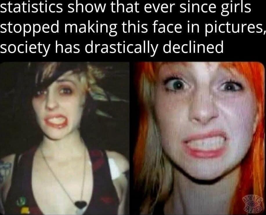 statistics show that ever since girls stopped making this face in pictures society has drastically declined