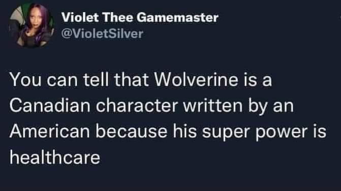 4 Violet Thee Gamemaster VioletSilver RCIVRCE R R GETRICIVET T R OETiEL ET N ETE T CIaW s Il o 1 American because his super power is healthcare
