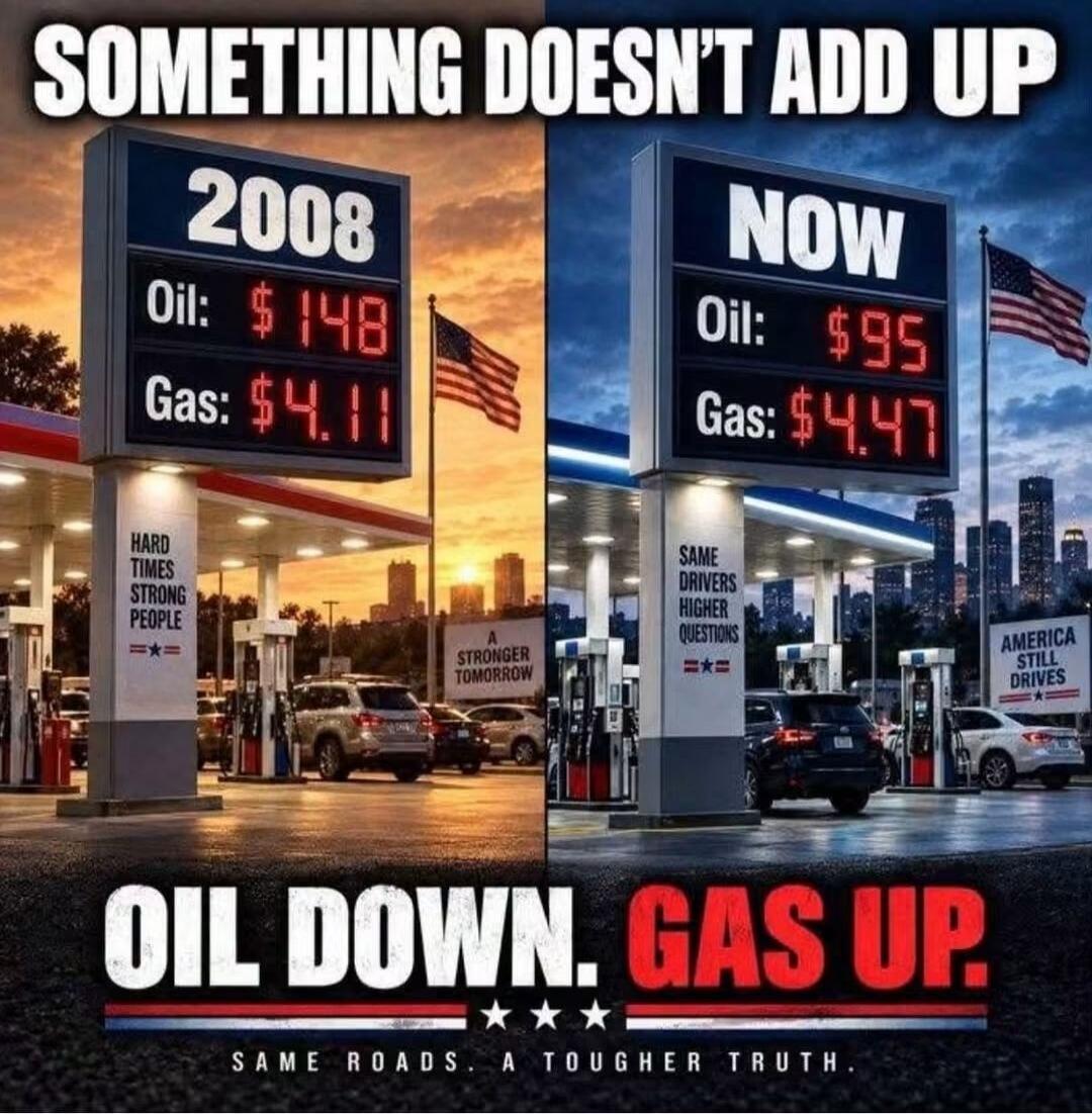 SOMETHING DOESN'T ADD UP. 2008: Oil: $148, Gas: $4.11. NOW: Oil: $95, Gas: $4.47. HARD TIMES STRONG PEOPLE. A STRONGER TOMORROW. SAME DRIVERS HIGHER QUESTIONS. AMERICA STILL DRIVES. OIL DOWN. GAS UP. SAME ROADS. A TOUGHER TRUTH.