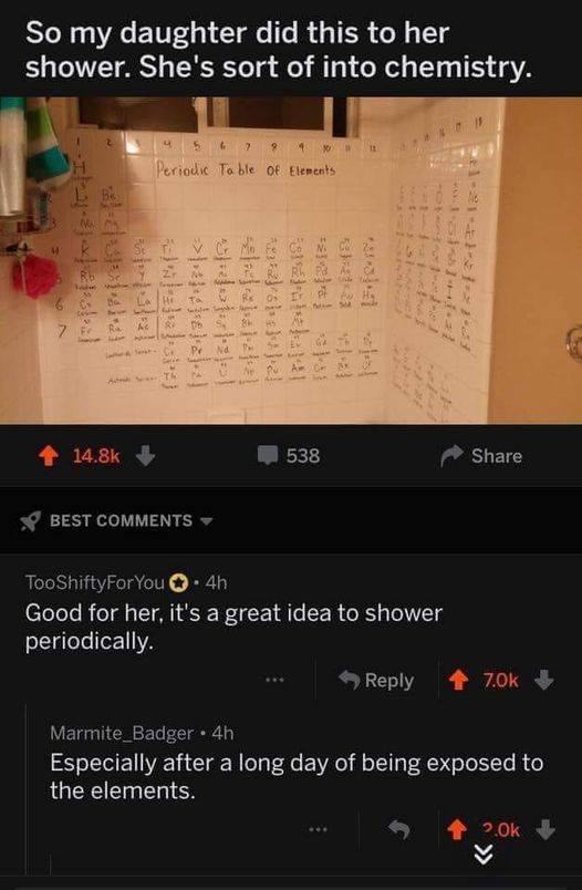 So my daughter did this to her shower Shes sort of into chemistry 4 S 0 g e i Toble OF Elements 148 W 538 7 Share BEST COMMENTS v TooShiftyForYou 4h Good for her its a great idea to shower oLlgtelelTe111Y Reply 4 70k Marmite_Badger 4h Especially after a long day of being exposed to the elements o 40k v