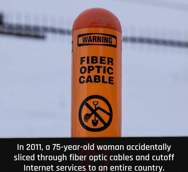 In 201 a 75 year old woman accidentally sliced through fiber optic cables and cutoff Internet services to an entire country
