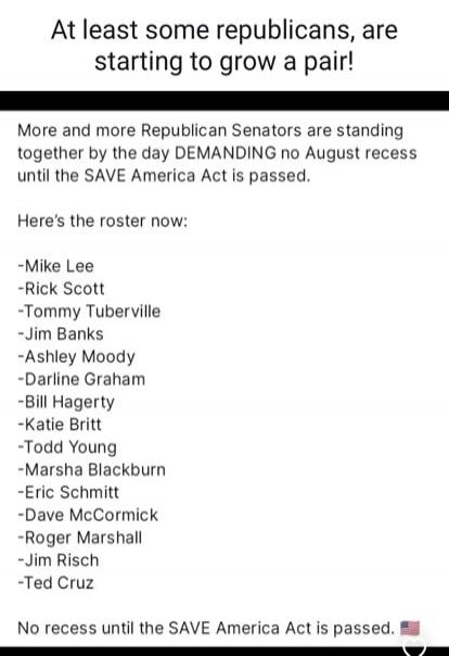 At least some republicans, are starting to grow a pair!
More and more Republican Senators are standing together by the day DEMANDING no August recess until the SAVE America Act is passed.
Here's the roster now:
-Mike Lee
-Rick Scott
-Tommy Tuberville
-Jim Banks
-Ashley Moody
-Darlíne Graham
-Bill Hagerty
-Katie Britt
-Todd Young
-Marsha Blackburn
-