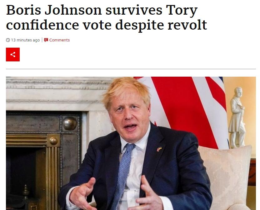 Boris Johnson survives Tory confidence vote despite revolt 13 minutes ago B Comments REUTERS i et p