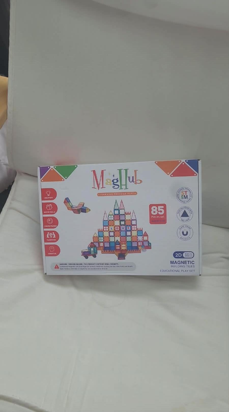 MagHub Learning Through Play 85 Pieces set 2D 3D Magnetic Building Tiles Educational Play Set Creativity Motor Skills Concentration Teamwork Cognitive WARNING: CHOKING HAZARD - THIS PRODUCT CONTAINS SMALL MAGNETS. Swallowed magnets can stick together across intestines causing serious infections and death. Seek medical attention if magnets are swall
