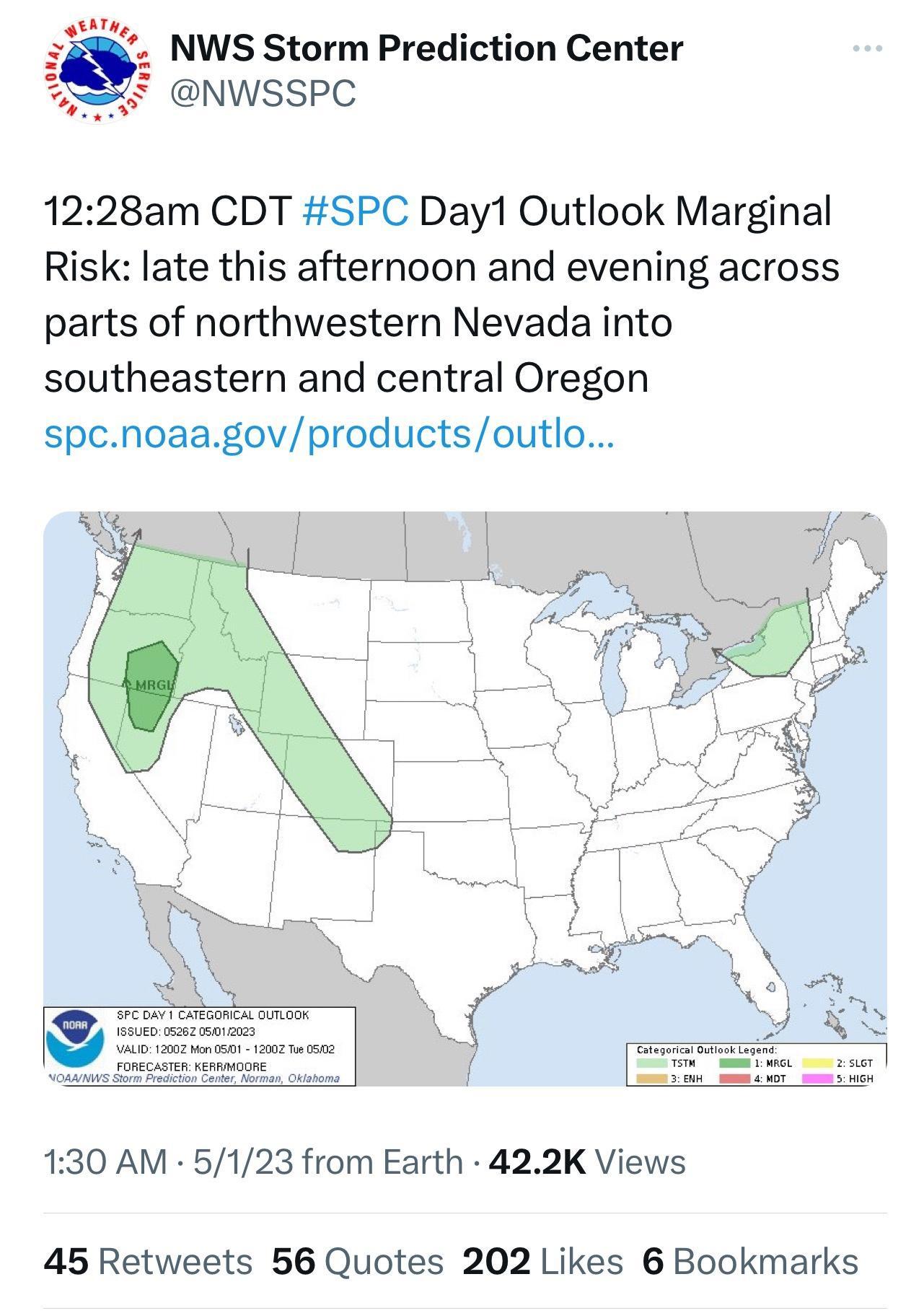 1228am CDT SPC Day1 Outlook Marginal Risk late this afternoon and evening across parts of northwestern Nevada into southeastern and central Oregon spcnoaagovproductsoutlo 130 AM 5123 from Earth 422K Views 45 Retweets 56 Quotes 202 Likes 6 Bookmarks