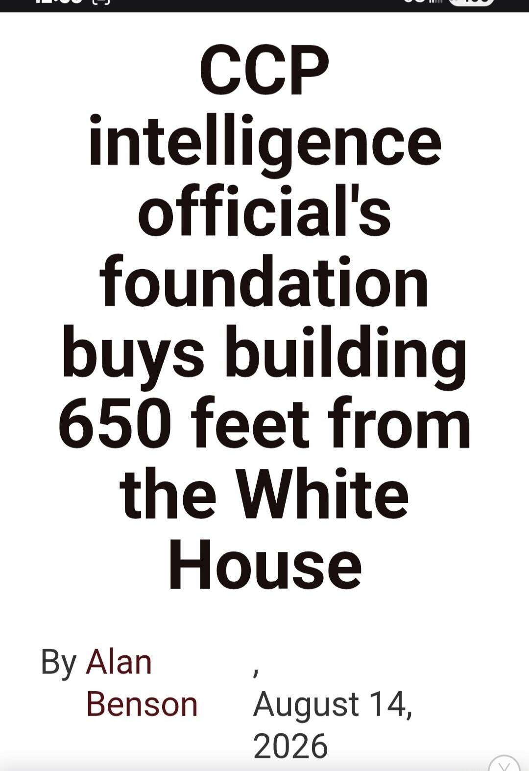 CCP intelligence official's foundation buys building 650 feet from the White House. By Alan Benson, August 14, 2026.
