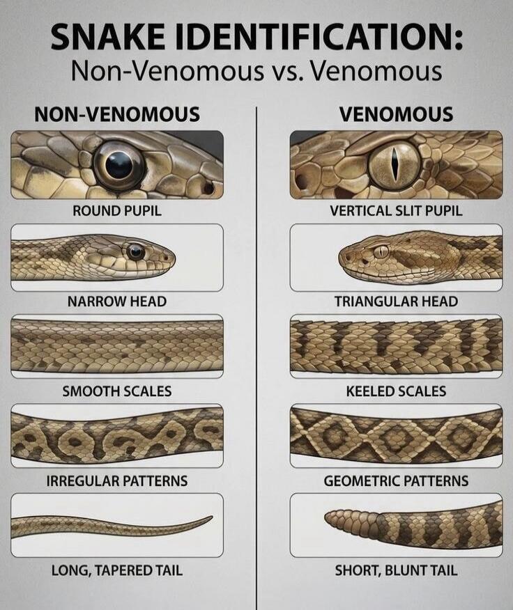 SNAKE IDENTIFICATION: Non-Venomous vs. Venomous. NON-VENOMOUS: ROUND PUPIL, NARROW HEAD, SMOOTH SCALES, IRREGULAR PATTERNS, LONG, TAPERED TAIL. VENOMOUS: VERTICAL SLIT PUPIL, TRIANGULAR HEAD, KEELED SCALES, GEOMETRIC PATTERNS, SHORT, BLUNT TAIL.