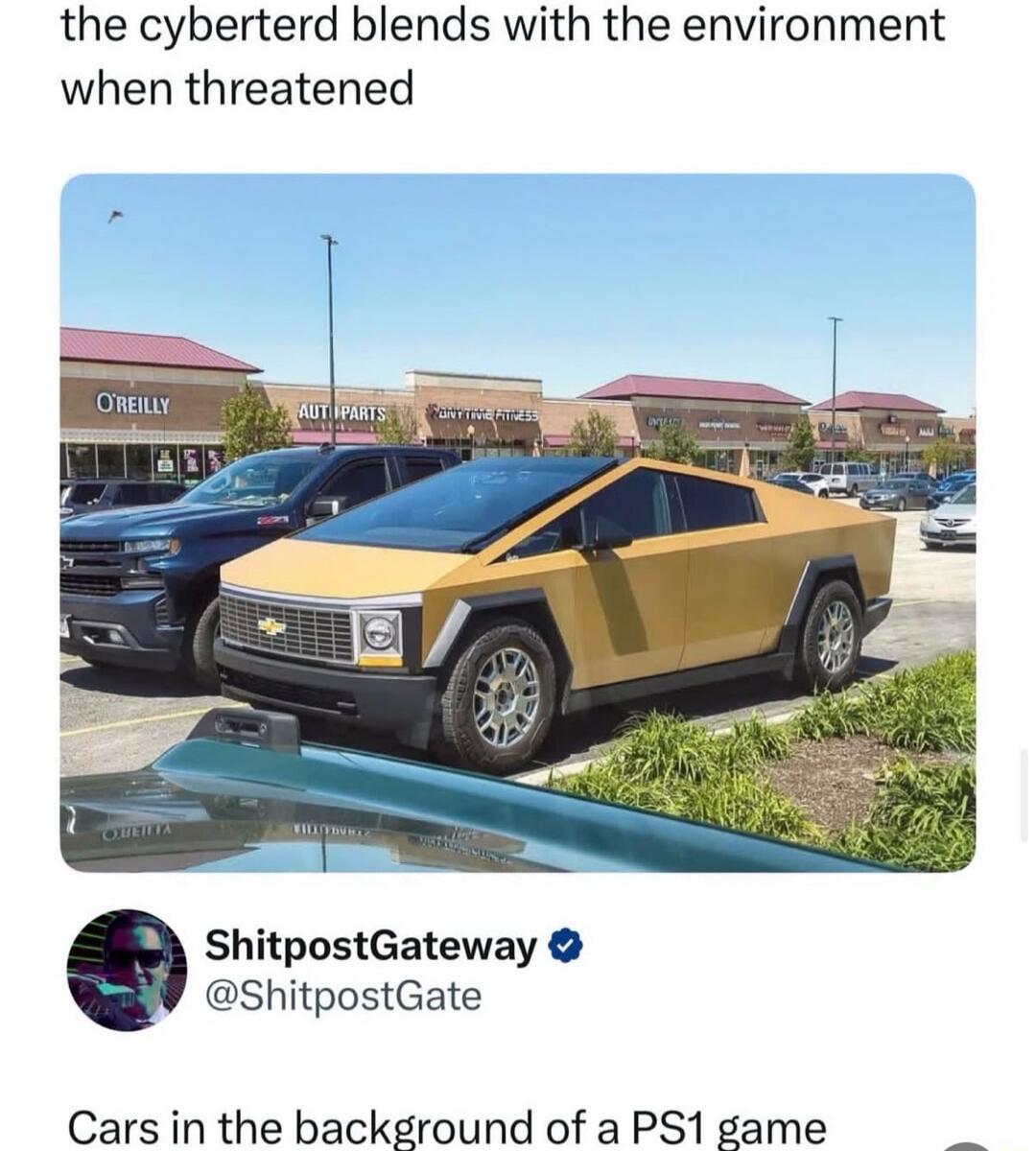 the cyberterd blends with the environment when threatened. O'REILLY. AUTI PARTS. ANYTIME FITNESS. ShitpostGateway @ShitpostGate. Cars in the background of a PS1 game.