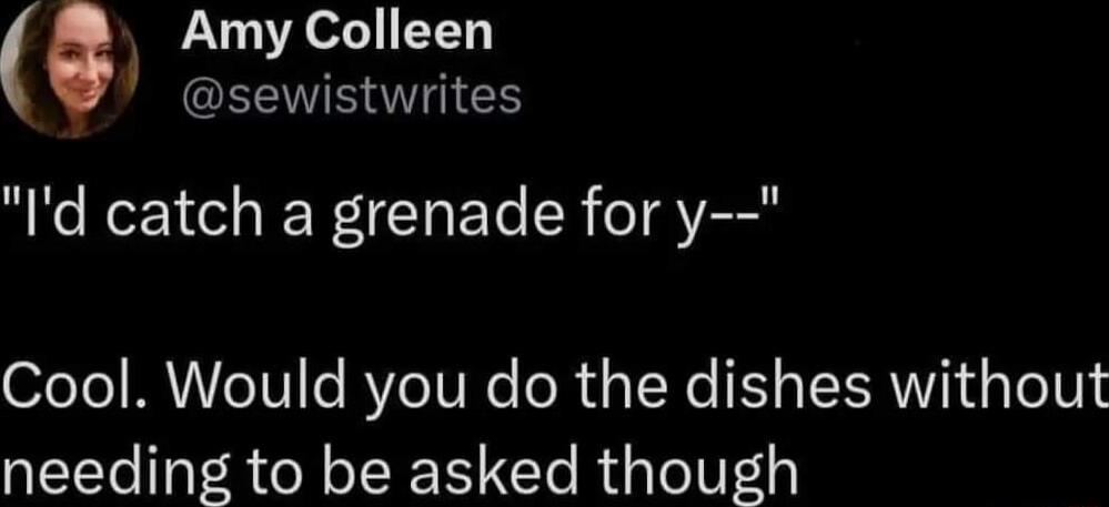Amy Colleen EEWHOT G Id catch a grenade for y Cool Would you do the dishes without needing to be asked though