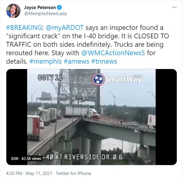 Joyce Peterson L femphoNewsLady says an inspector found a significant crack on the 1 40 bridge It is CLOSED TO TRAFFIC on both sides indefinitely Trucks are being rerouted here Stay with ews5 for details S 000 425views 4BAT RIVERSIDEIDR 06 430 PM May 11 2021 Twitter for iPhone
