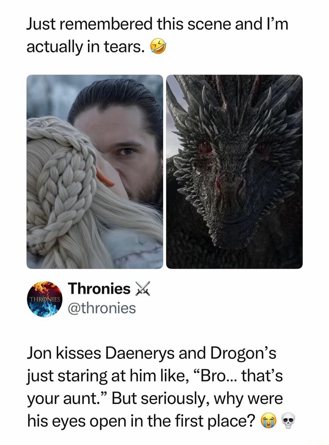 Just remembered this scene and I'm actually in tears. Thronies. Jon kisses Daenerys and Drogon's just staring at him like, 
