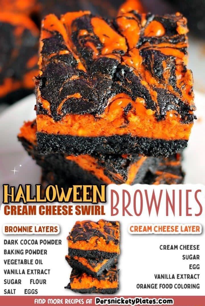 BROWNIE LAYERS DARK COCOA POWDER BAKING POWDER VEGETABLE OIL VANILLA EXTRACT SUGAR FLOUR SALT EGGS S CREAM CHEESE LAYER CREAM CHEESE SUGAR EGG VANILLA EXTRACT ORANGE FOOD COLORING