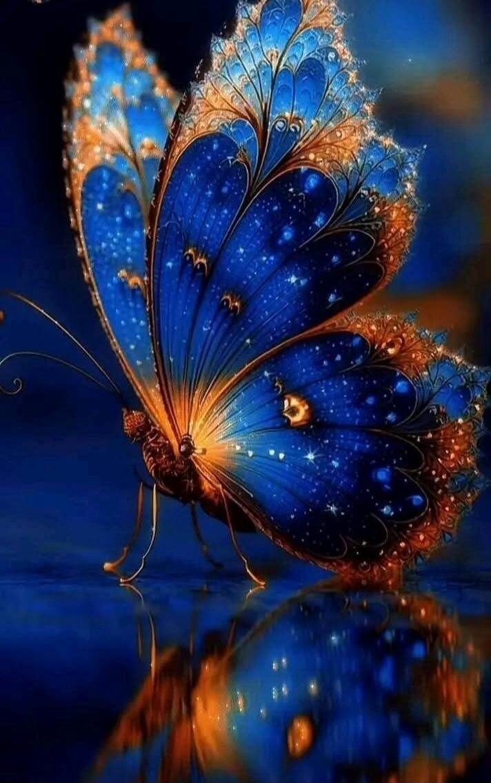 A beautiful blue and orange butterfly with sparkling wings is reflected in the water.