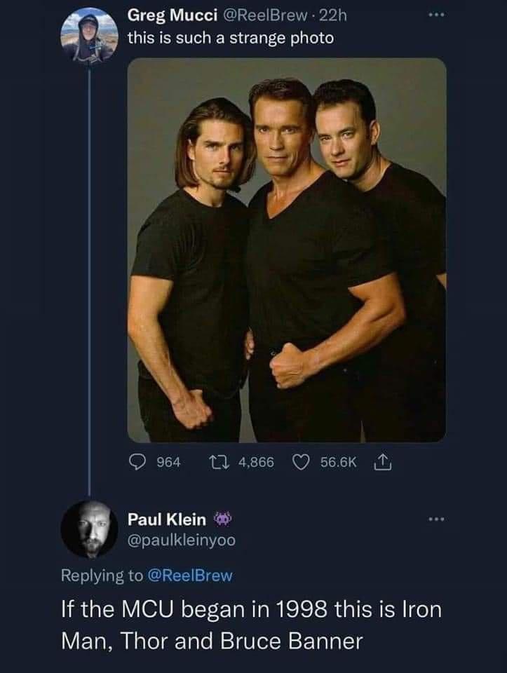 Greg Mucci ReelBrew 22h this is such a strange photo 964 1 4866 Q s66K N Paul Klein paulkleinyoo w Replying to ReelBrew IR aTRYSUN oI TaR A SIS R A ISH N ea Man Thor and Bruce Banner