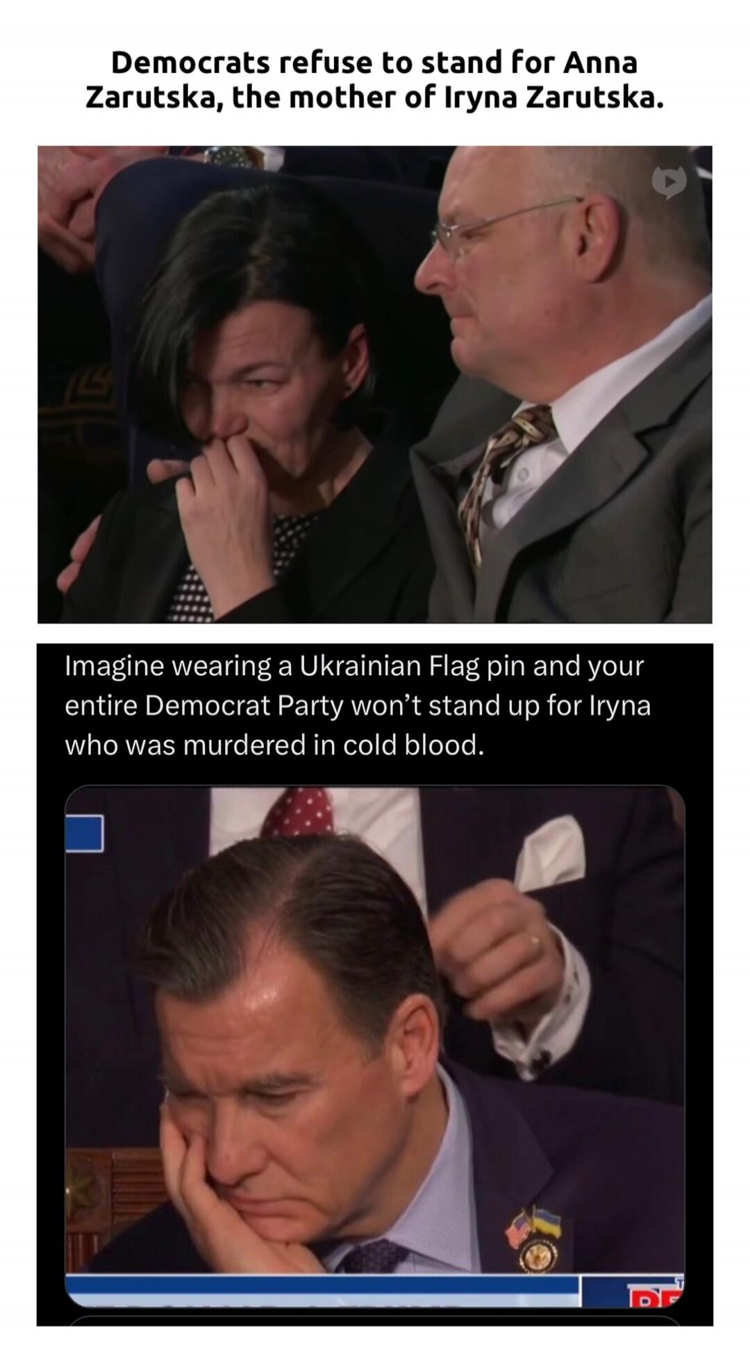 Democrats refuse to stand for Anna Zarutska, the mother of Iryna Zarutska. Imagine wearing a Ukrainian Flag pin and your entire Democrat Party won’t stand up for Iryna who was murdered in cold blood.