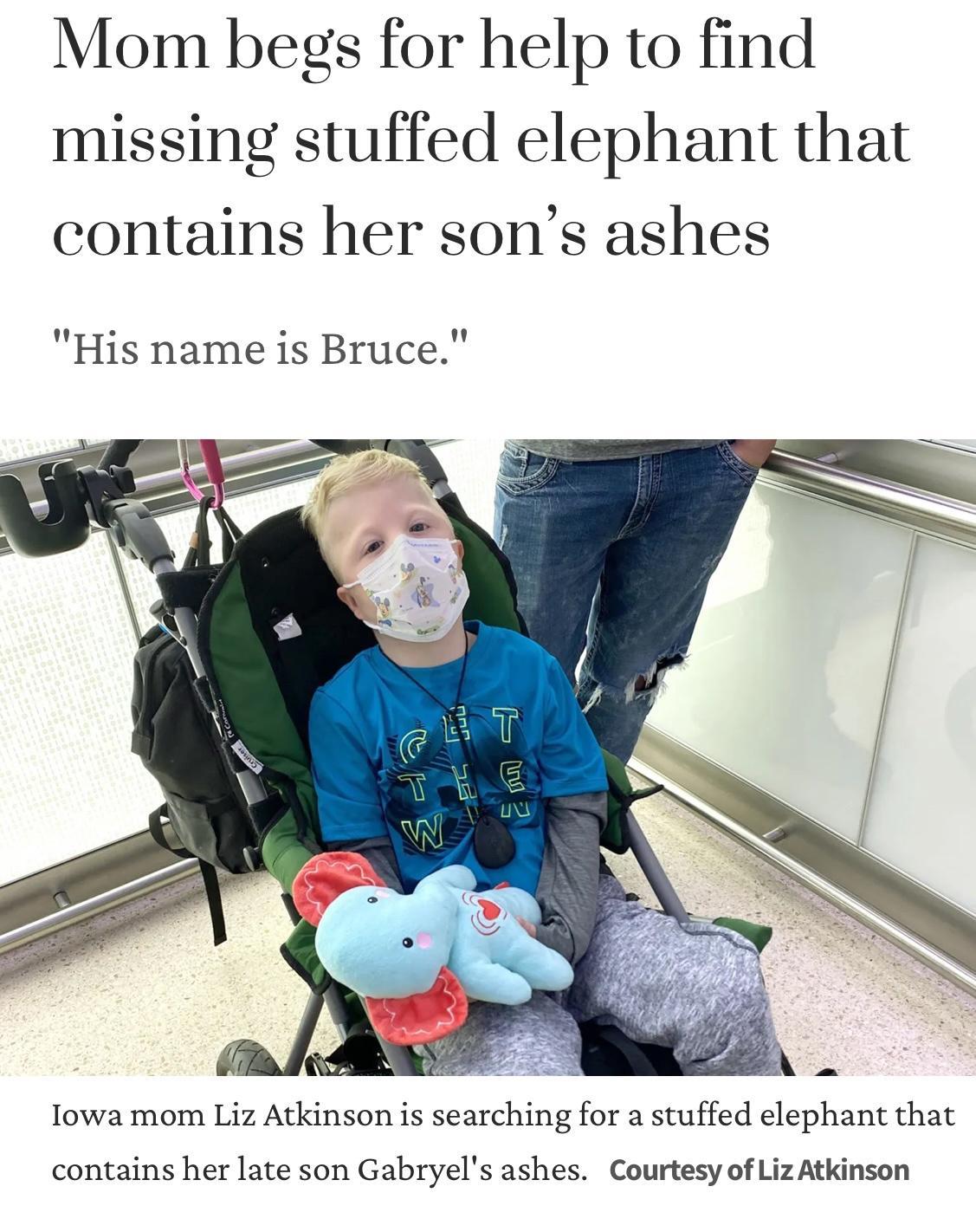Mom begs for help to find missing stuffed elephant that contains her sons ashes His name is Bruce h lowa mom Liz Atkinson is searching for a stuffed elephant that contains her late son Gabryels ashes Courtesy of Liz Atkinson