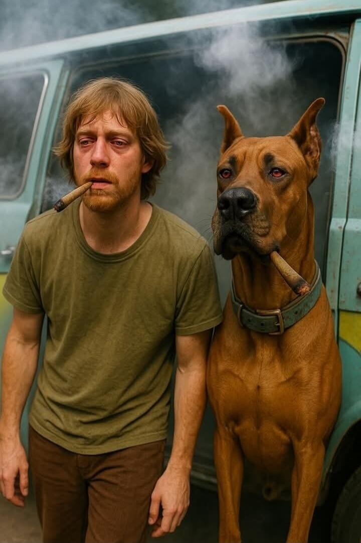 A man and a large brown dog both smoking cigars in front of a green van.