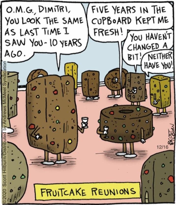 0MG DIMTRY FIVE YEARS IN THE You LeoK THE SAME CuPBoARD KEePT ME AS LAST TIMEL SAW You 0 YeARS AGO FRUITcAKE REUNIONS i