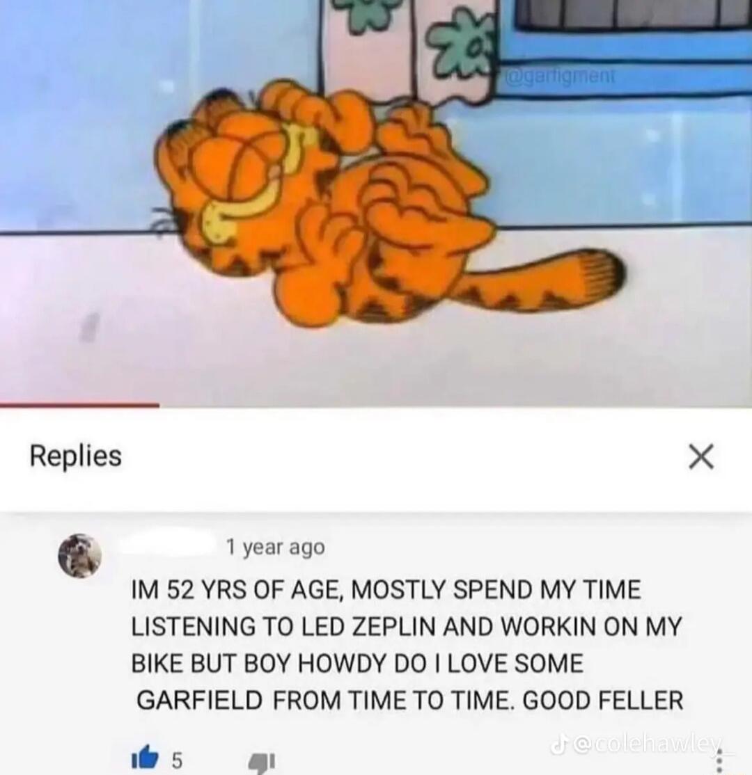Replies 1yearago IM 52 YRS OF AGE MOSTLY SPEND MY TIME LISTENING TO LED ZEPLIN AND WORKIN ON MY BIKE BUT BOY HOWDY DO LOVE SOME GARFIELD FROM TIME TO TIME GOOD FELLER