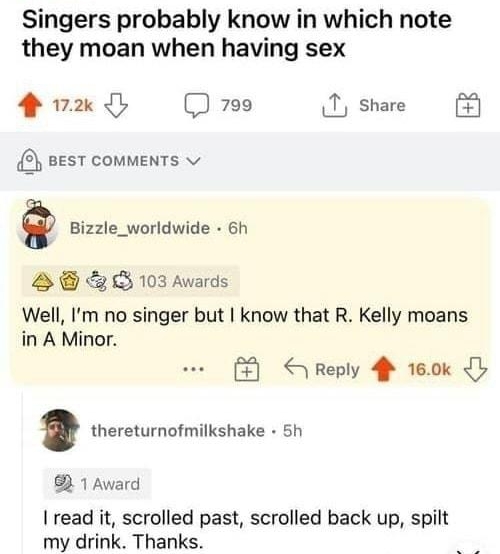 O NSFW Singers probably know in which note they moan when having sex o 799 T share BEST COMMENTS v Bizzle_worldwide 6h 3103 Awards Well Im no singer but know that R Kelly moans in A Minor Reply 4 160k thereturnofmilkshake 5h B 1 Award read it scrolled past scrolled back up spilt my drink Thanks 5 S ek Y