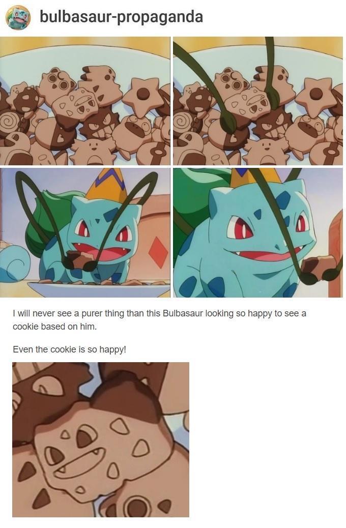 bulbasaur propaganda 1 will never see a purer thing than this Bulbasaur looking so happy to see a cookie based on him Even the cookie is so happy