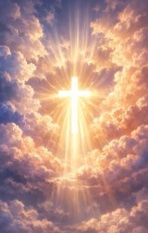 A radiant cross shines brightly in the heavens, surrounded by ethereal clouds and divine light.