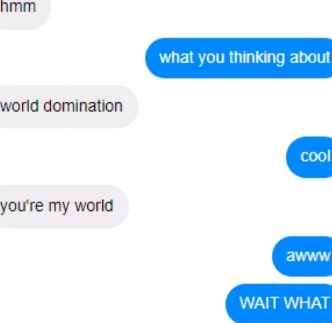 nmm at you thinking about WAIT WHAT world domination youre my world