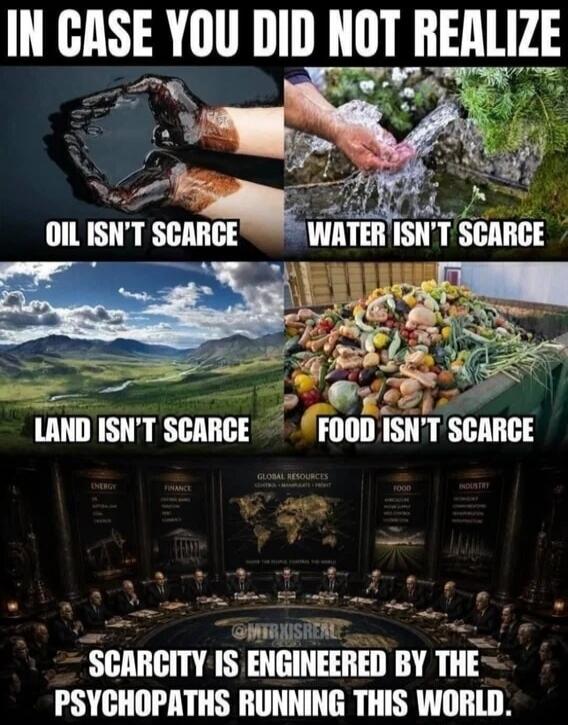 IN CASE YOU DID NOT REALIZE
OIL ISN'T SCARCE
WATER ISN'T SCARCE
LAND ISN'T SCARCE
FOOD ISN'T SCARCE
SCARCITY IS ENGINEERED BY THE PSYCHOPATHS RUNNING THIS WORLD.