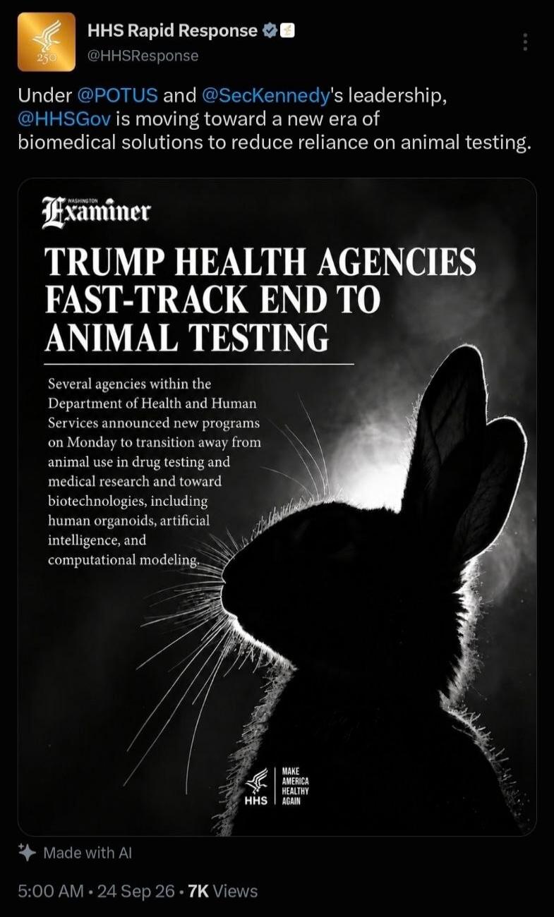 HHS Rapid Response @HHSResponse Under @POTUS and @SecKennedy's leadership, @HHSGov is moving toward a new era of biomedical solutions to reduce reliance on animal testing. WASHINGTON Examiner. TRUMP HEALTH AGENCIES FAST-TRACK END TO ANIMAL TESTING. Several agencies within the Department of Health and Human Services announced new programs on Monday 