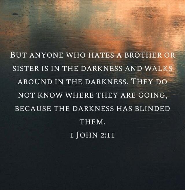But anyone who hates a brother or sister is in the darkness and walks around in the darkness. They do not know where they are going, because the darkness has blinded them. I John 2:11