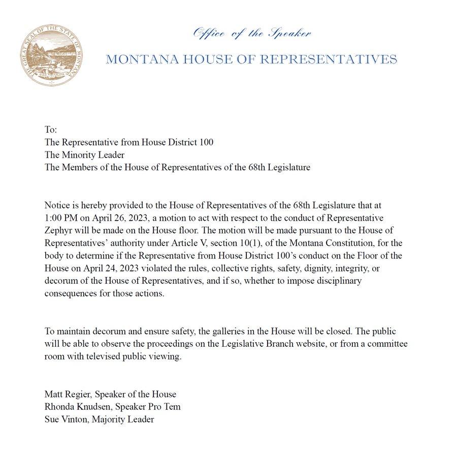e of the Gpeor MONTANA HOUSE OF REPRESENTATIVES o The Represcnstive o Hous Dt 100 The Moy Lender TheMehes of the e ofRepesettvs o e 8 Legibare Noce s hescy proaded o e Hovse o Represives o e 5 Lttt 190 P an el 262023 i 0t it st 0 conduct of Repestine Zephyr il e o th House oo The ot e e st 1 h Hovme of Represcnaives iy wder AV sctin 101 of he Motana Consiaton o e gy o determine ifhe Represetativ r