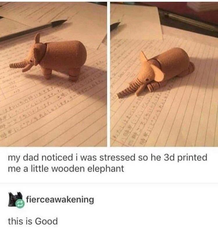 my dad noticed i was stressed so he 3d printed me a little wooden elephant fierceawakening this is Good