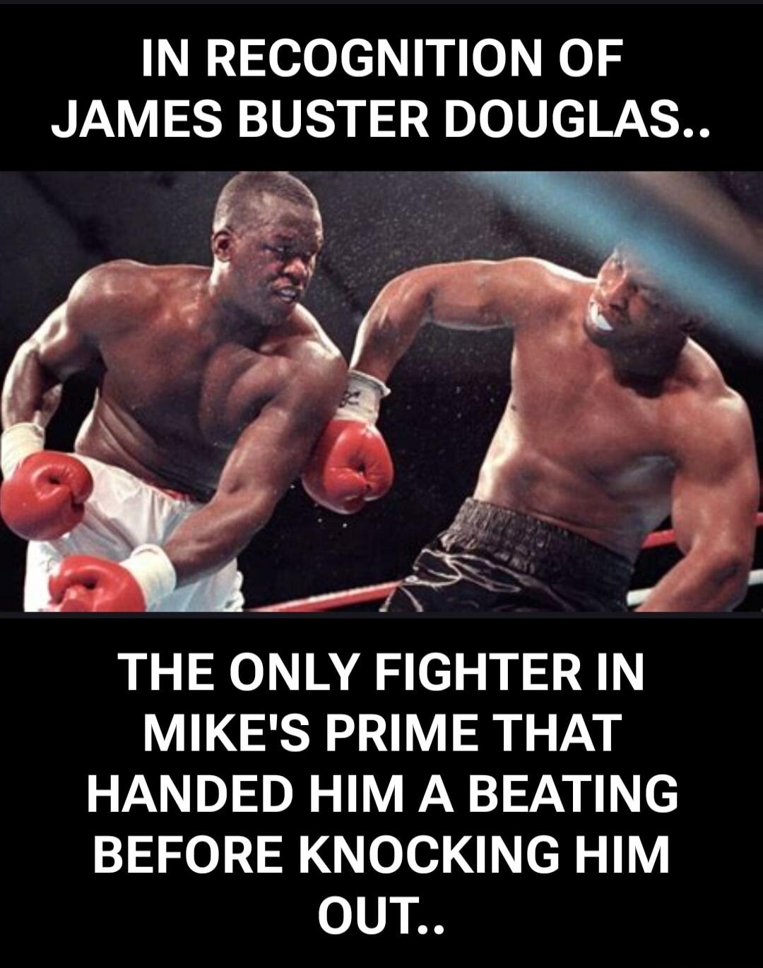 IN RECOGNITION OF JAMES BUSTER DOUGLAS.. THE ONLY FIGHTER IN MIKE'S PRIME THAT HANDED HIM A BEATING BEFORE KNOCKING HIM OUT..