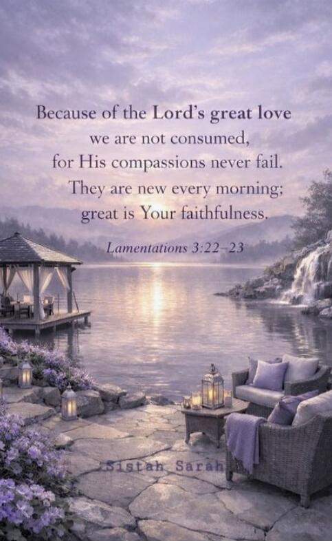 Because of the Lord's great love we are not consumed, for His compassions never fail. They are new every morning; great is Your faithfulness. Lamentations 3:22-23